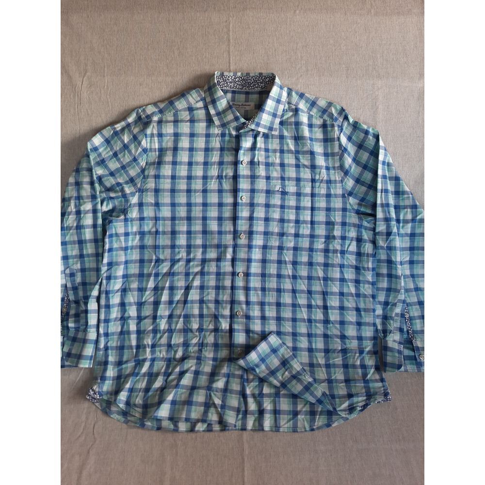Tommy Bahama Men Large Plaid Button Shirt Long Sleeve Embroider Logo Pima Cotton
